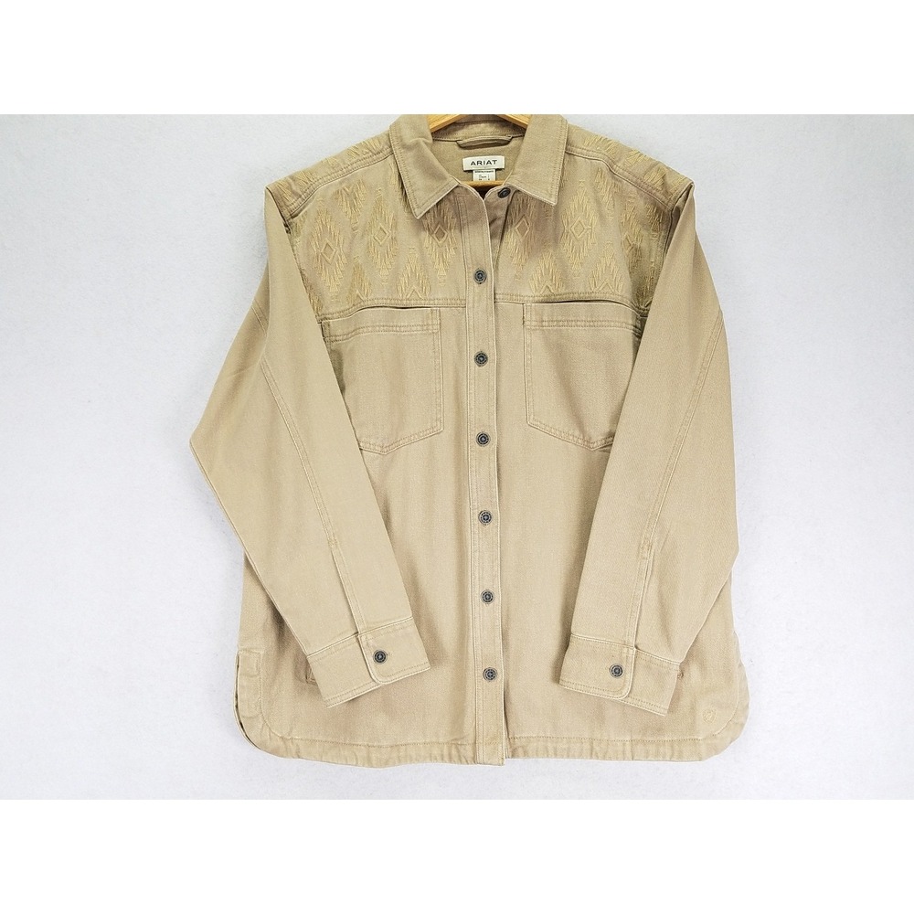 Ariat Ranchester Jacket Western Women L Khaki Cotton Embroidered Yoke Cowgirl